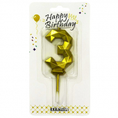 Купить Свеча-цифра в торт «3» золотая граненая 6 см оптом